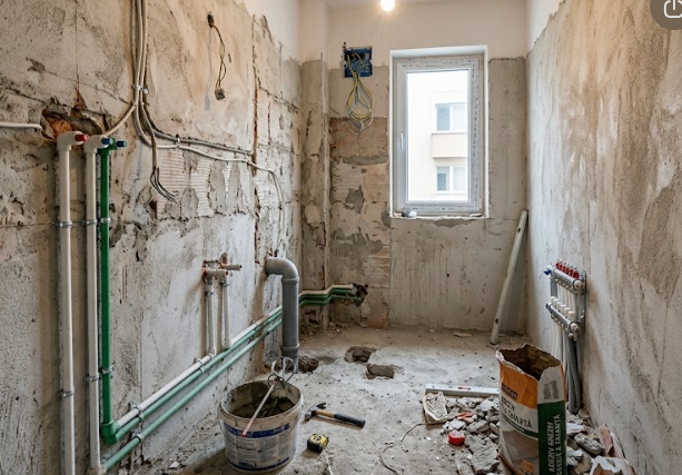 Ванная комната в квартире во время ремонта, с новыми коммуникациями и подготовленными стенами