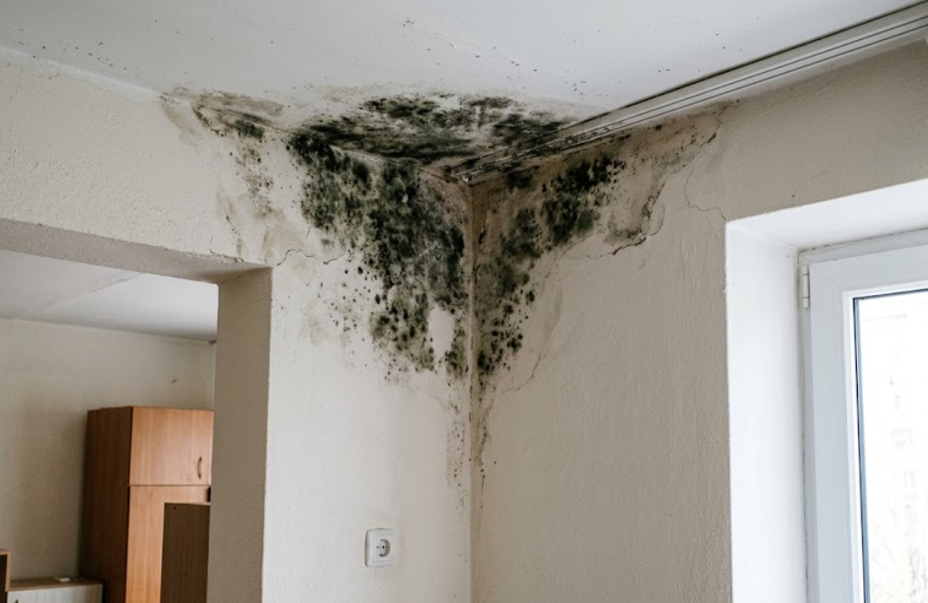 Pată de mucegai în colțul exterior al unei camere de apartament, lângă tavan