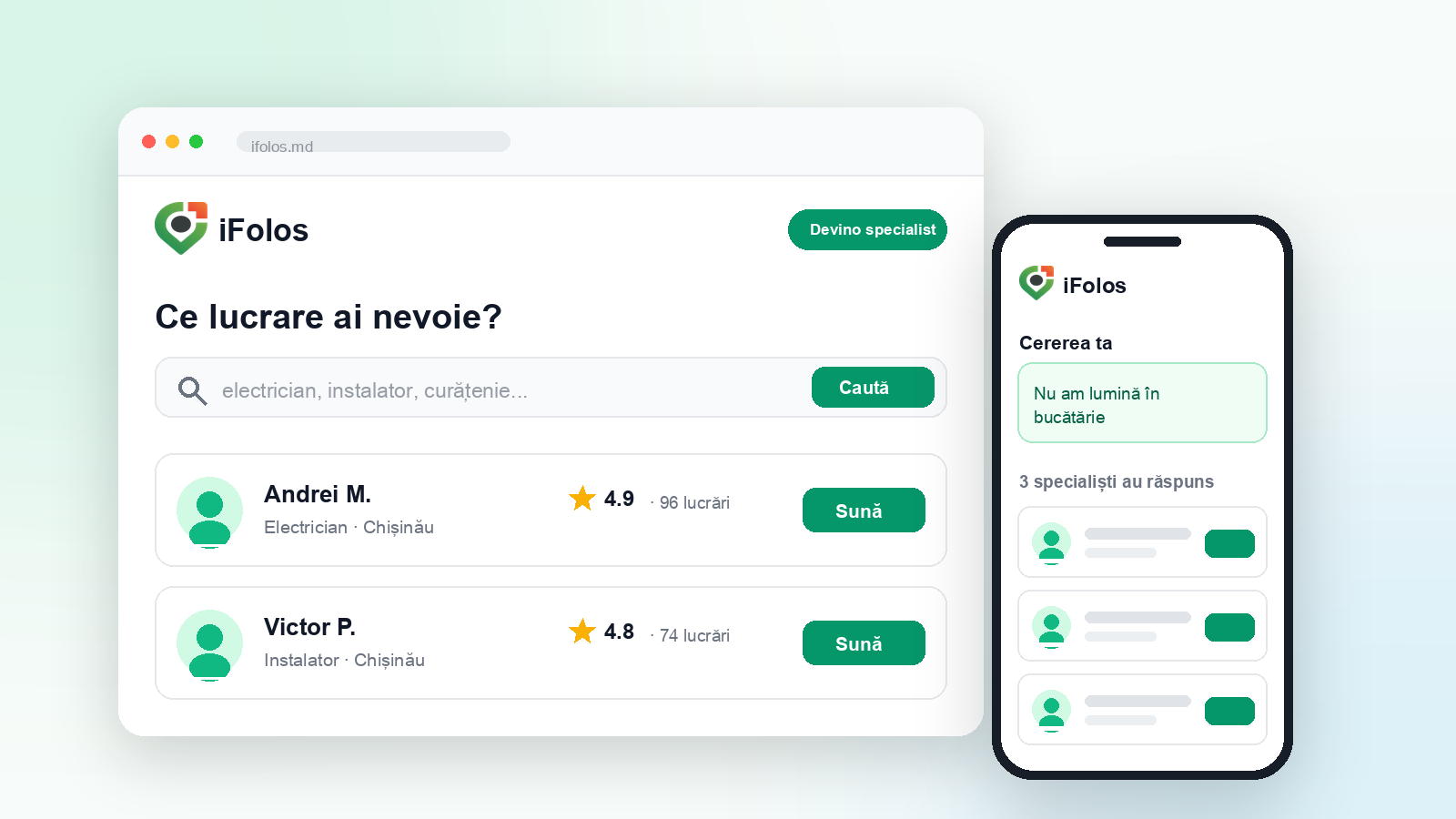 Interfața iFolos pe calculator și pe telefon, cu o cerere de lucrare și specialiștii care au răspuns