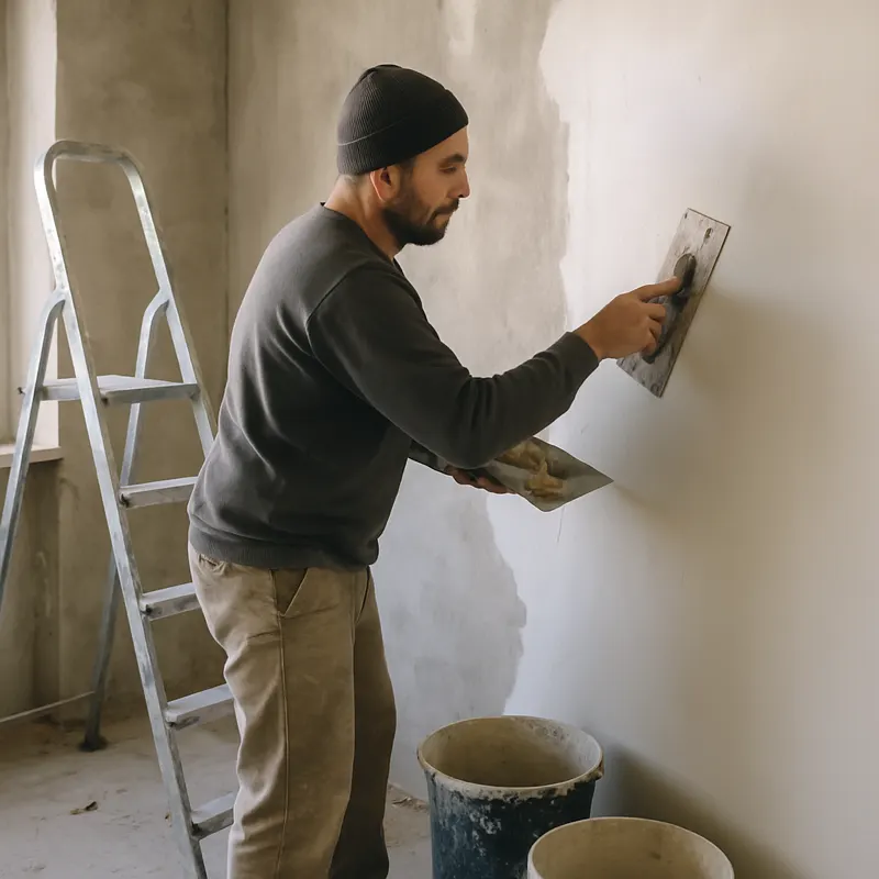 Persoană aplicând tencuială pe un perete într-o cameră în renovare
